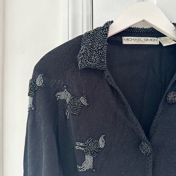 Michael Simon Vintage Black Button Collared Sweater Cardigan Beaded Poodles 2 - Picture 2 of 12